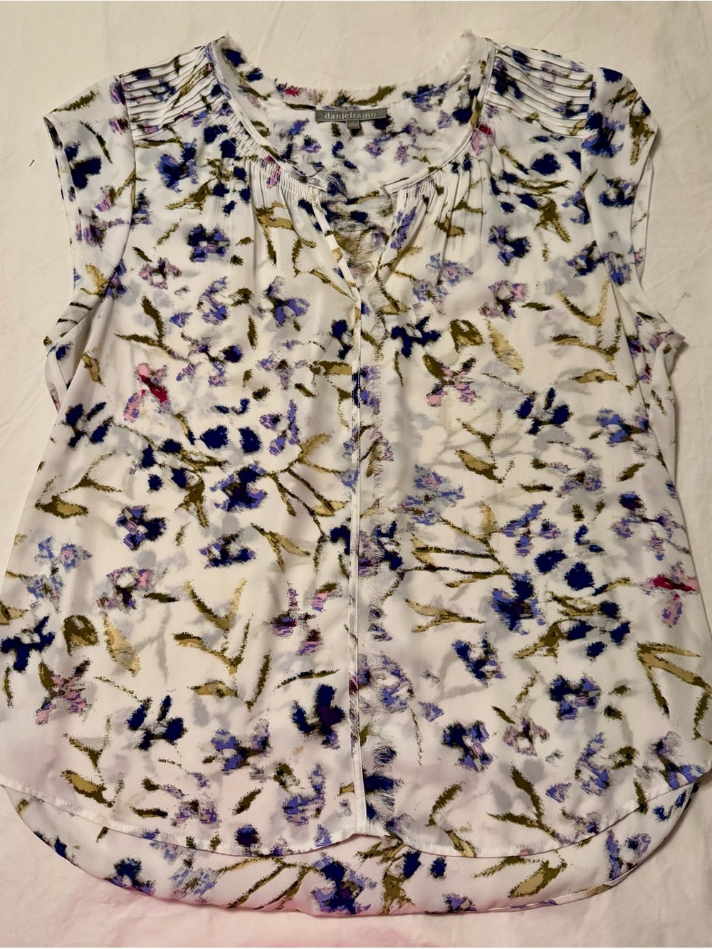 Daniel Rainn White Floral Pintuck Sleeveless Top with Blue and Olive Accents